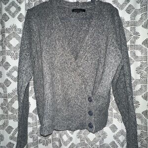 DownEast Gray V-Neck Wrap Sweater with Buttons